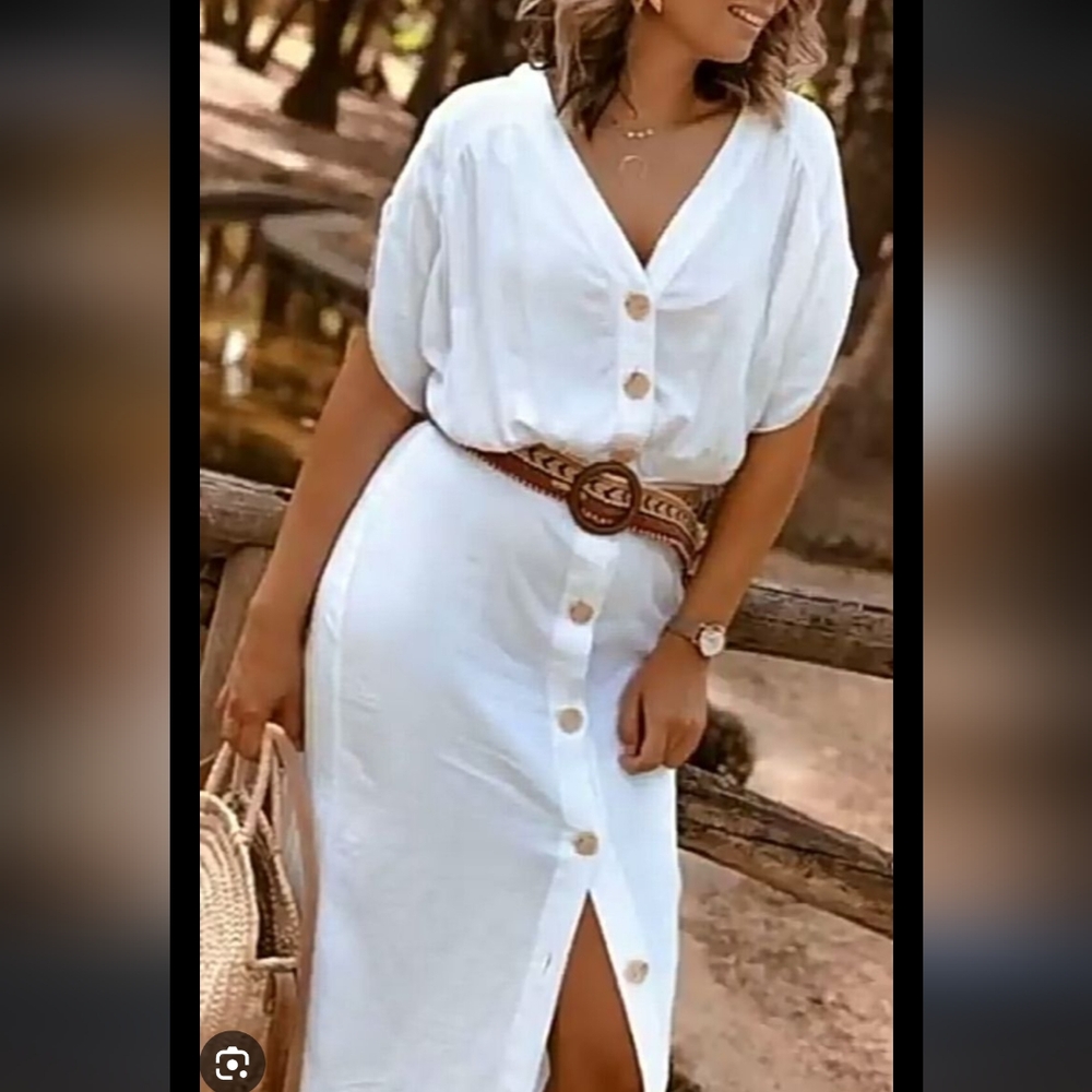 Zara White Linen Blend Buttoned Boho Midi Dress